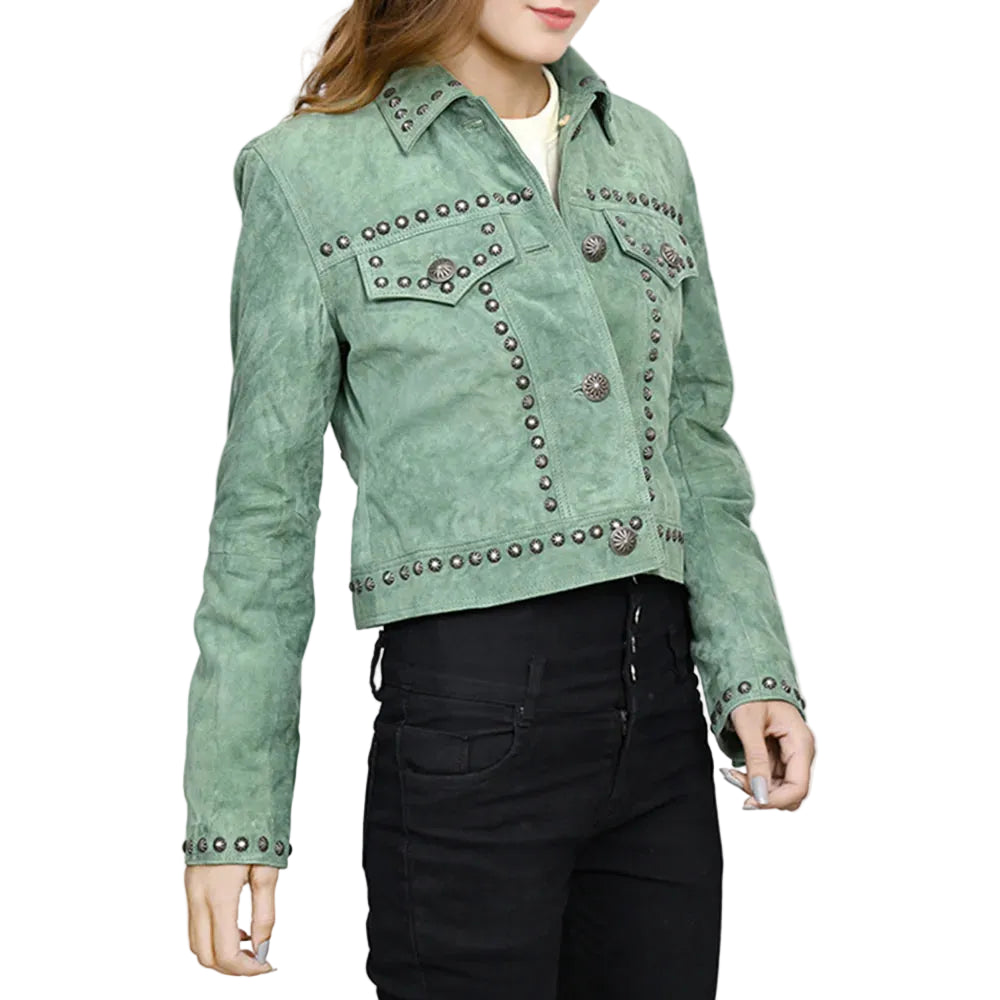 Women's American Darling Genuine Leather Olive Concho Jacket ADJKT041