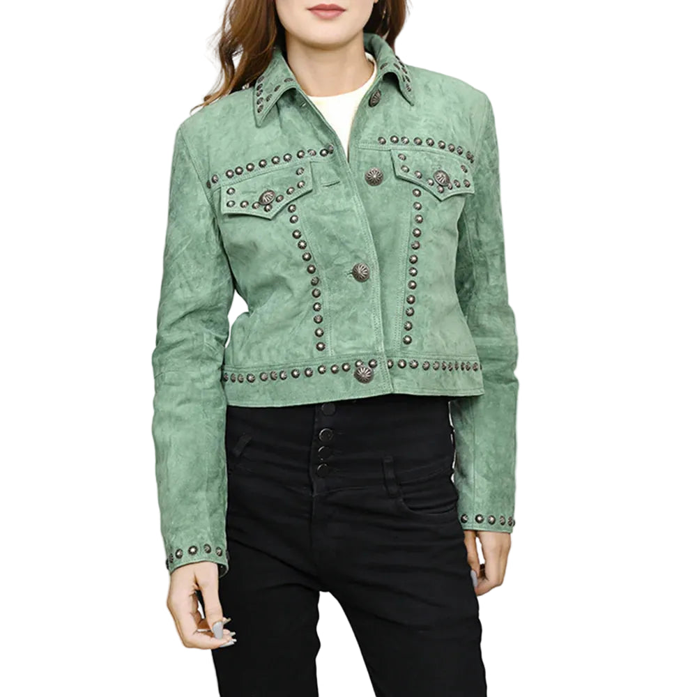 Women's American Darling Genuine Leather Olive Concho Jacket ADJKT041