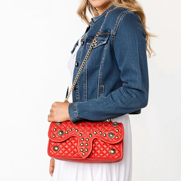 Women's American Darling Red Genuine Leather Quilted Concho Bag ADBGA871