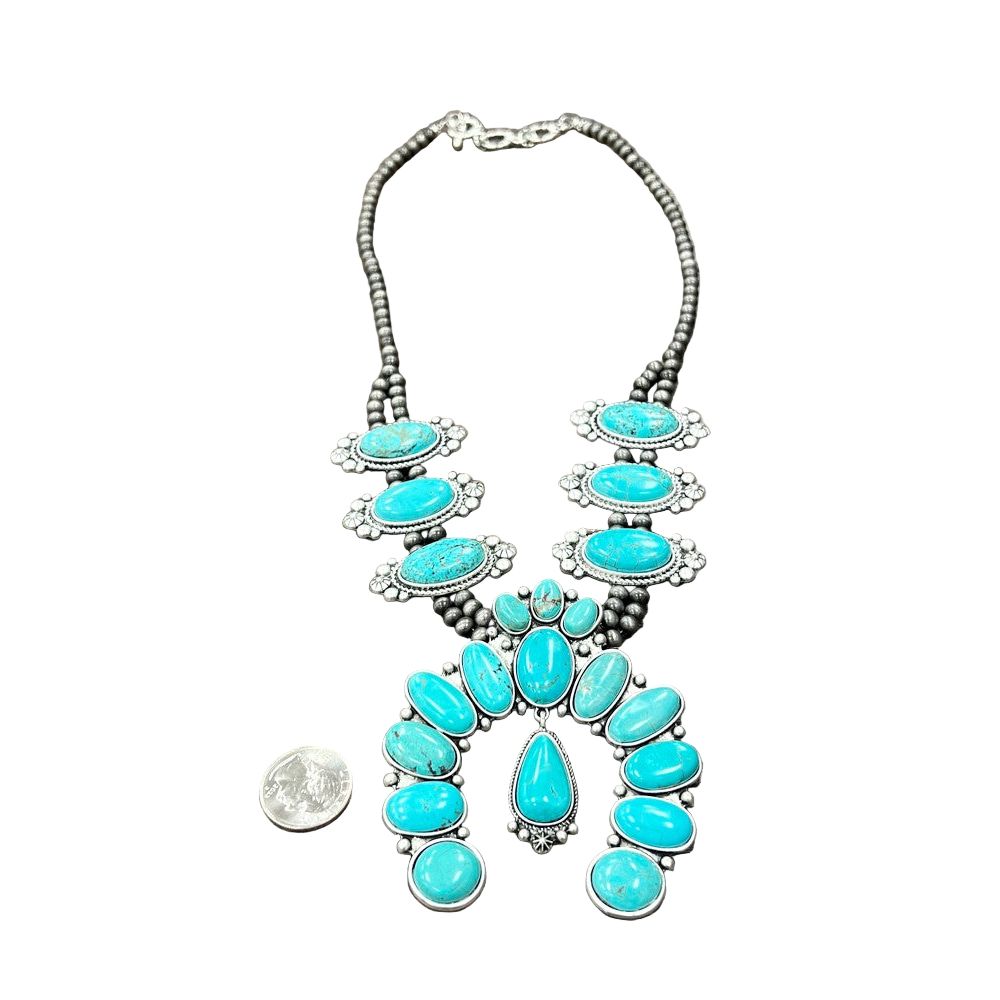 Women's Isac 24" Long Full Squash Blossom Turquoise Necklace