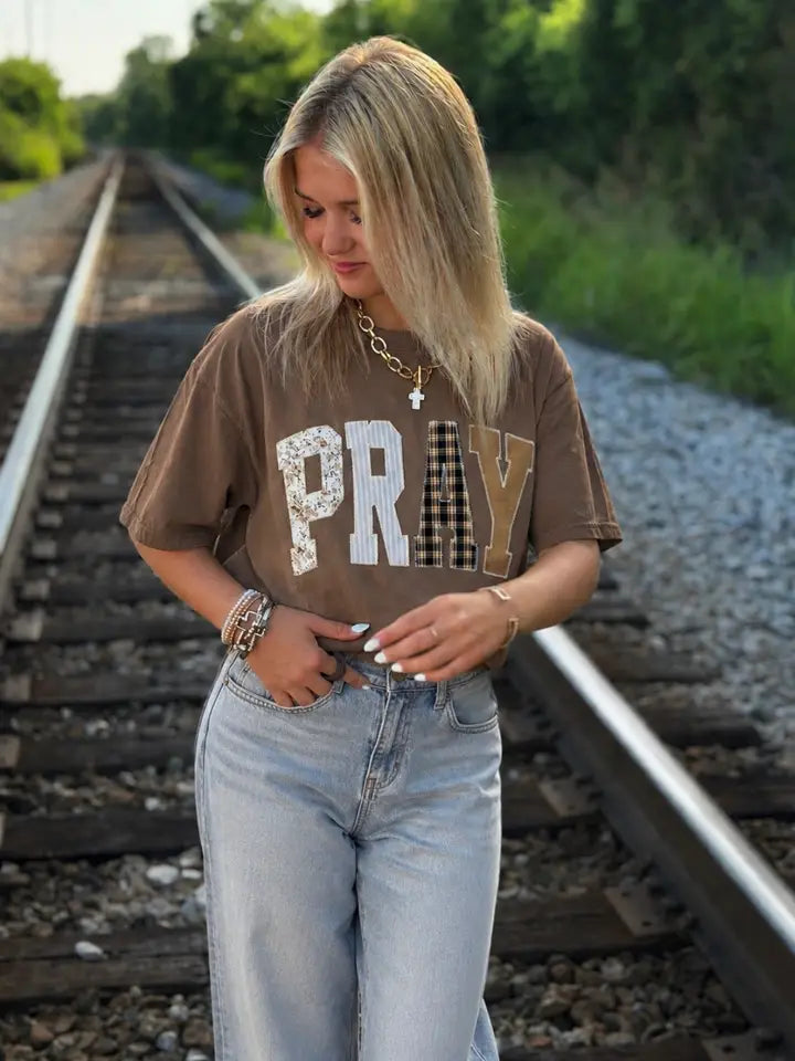 Women's Short Sleeve Brown Pray Patchwork T-shirt