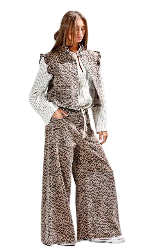 Women's Washed Leopard Wide-leg Drawstring Pants
