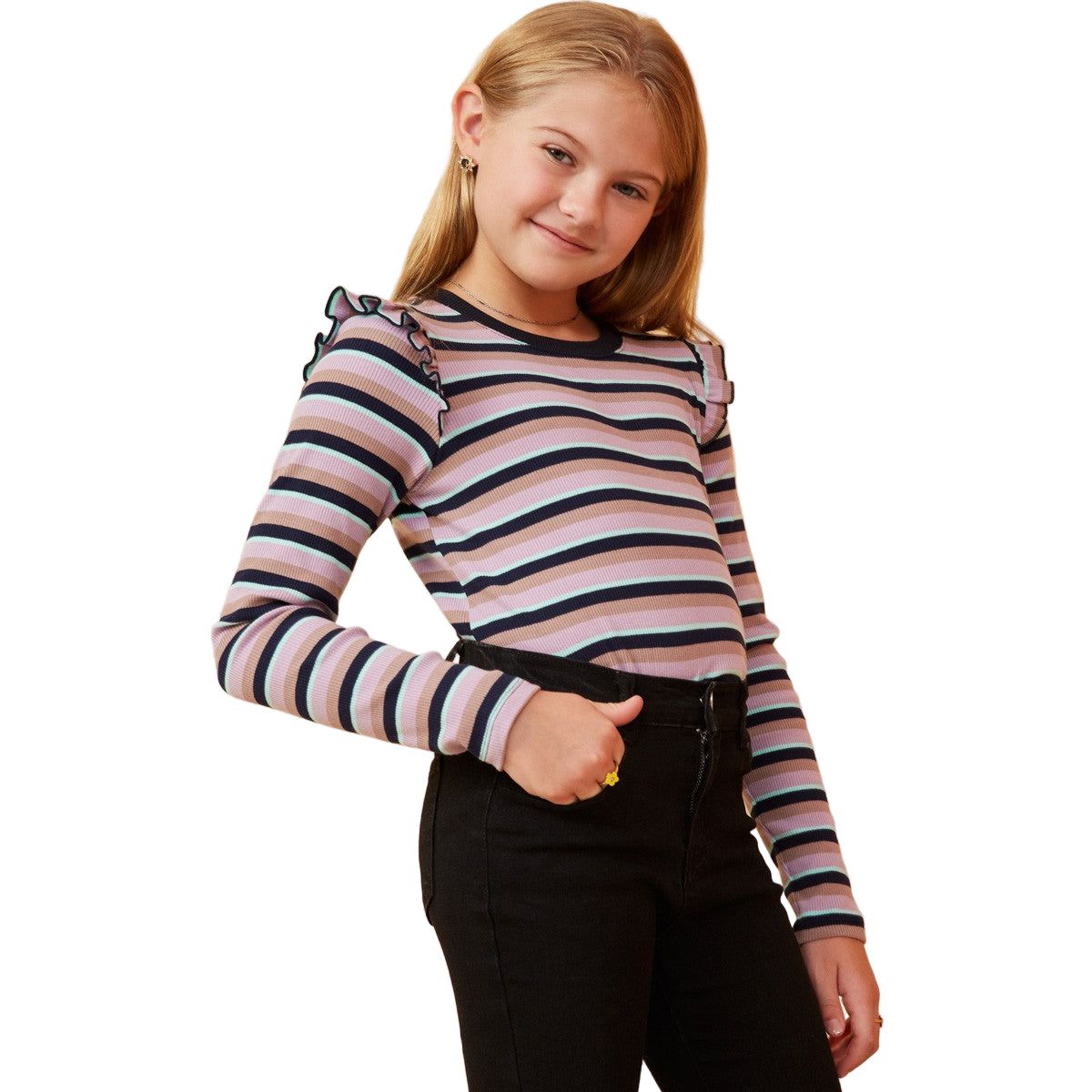 Girls Contrast Neck Band Striped Knit Top GK1436