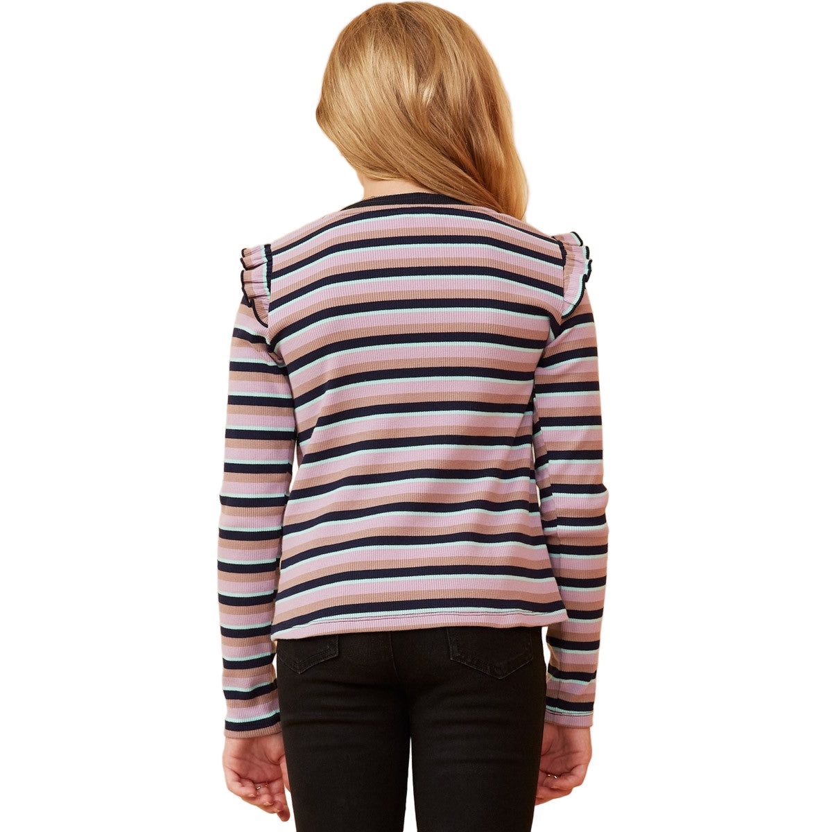 Girls Contrast Neck Band Striped Knit Top GK1436