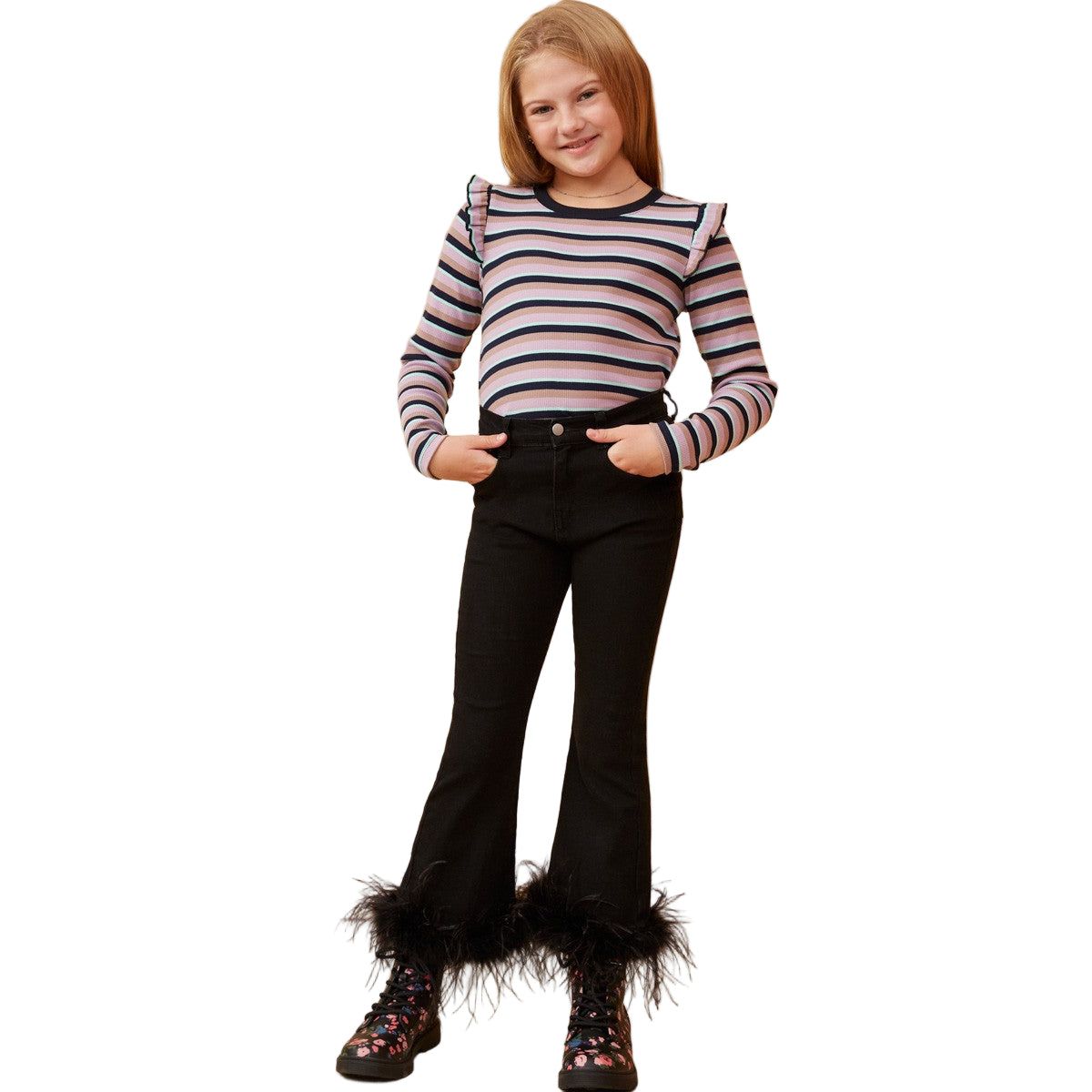 Girls Contrast Neck Band Striped Knit Top GK1436