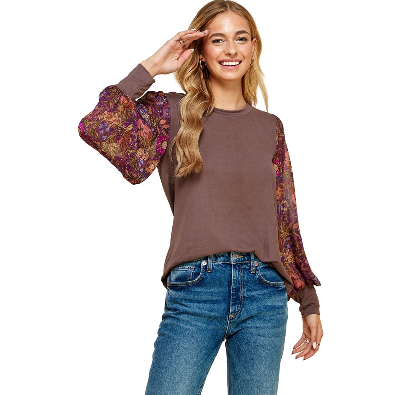 Women's Espresso Solid Top With Printed Floral Sleeves T1515
