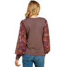 Women's Espresso Solid Top With Printed Floral Sleeves T1515