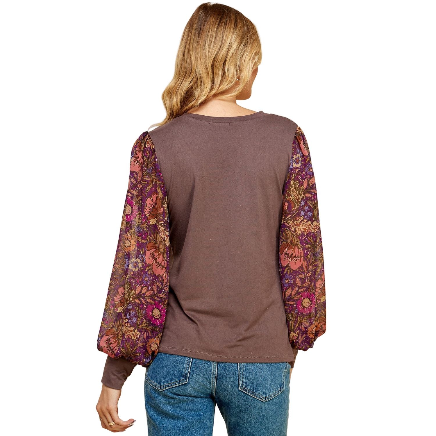 Women's Espresso Solid Top With Printed Floral Sleeves T1515
