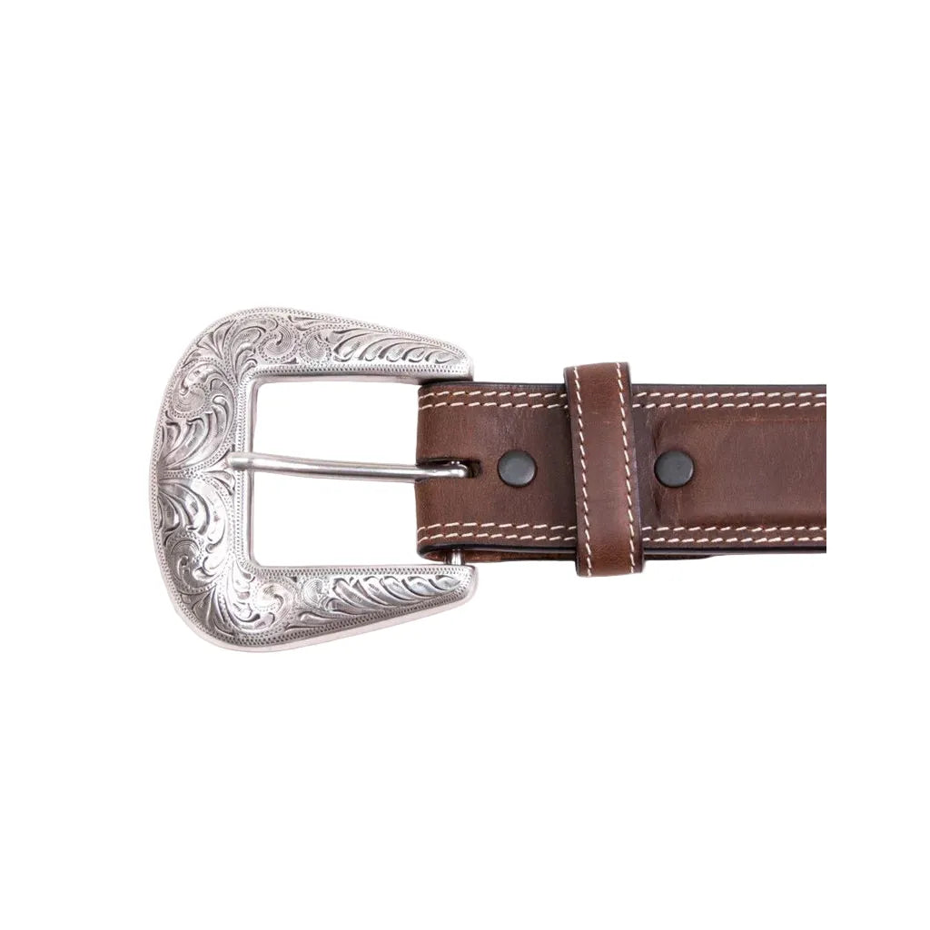 Men's Cowboy Chrome Scalloped Belt with Rawhide Braid and Praying Cowboy Conchos 1785