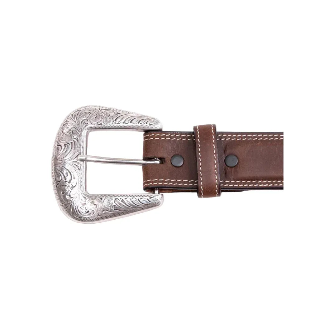 Men's Cowboy Chrome Scalloped Belt with Rawhide Braid and Praying Cowboy Conchos 1785