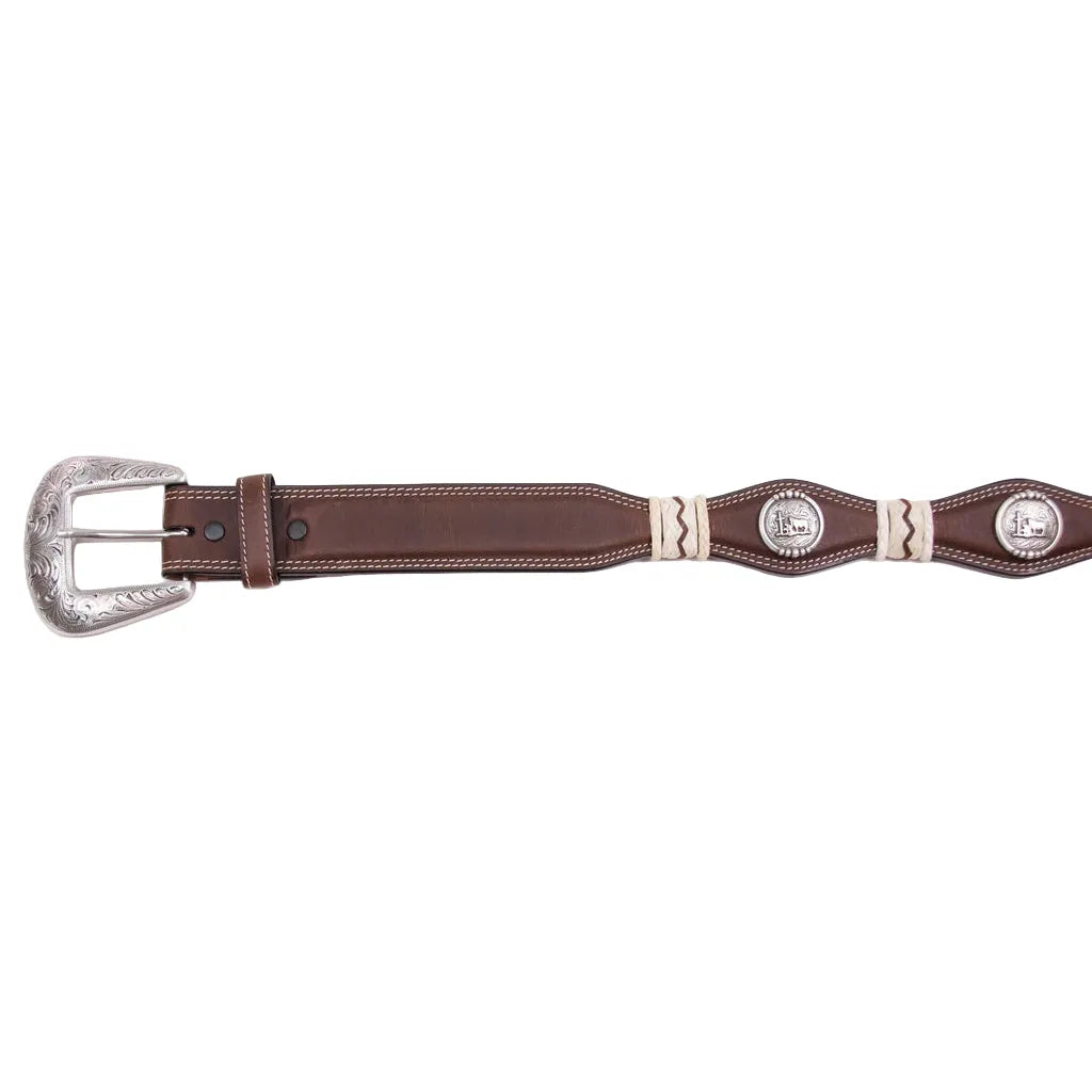 Men's Cowboy Chrome Scalloped Belt with Rawhide Braid and Praying Cowboy Conchos 1785