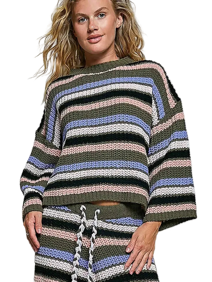 Women's Olive Multi Striped Pattern Round Neck Chenille Sweater Top