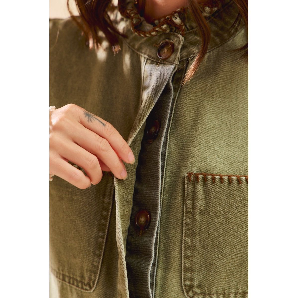 Women's Olive Washed Denim Stitch Ruffled Hidden Button Vest Top