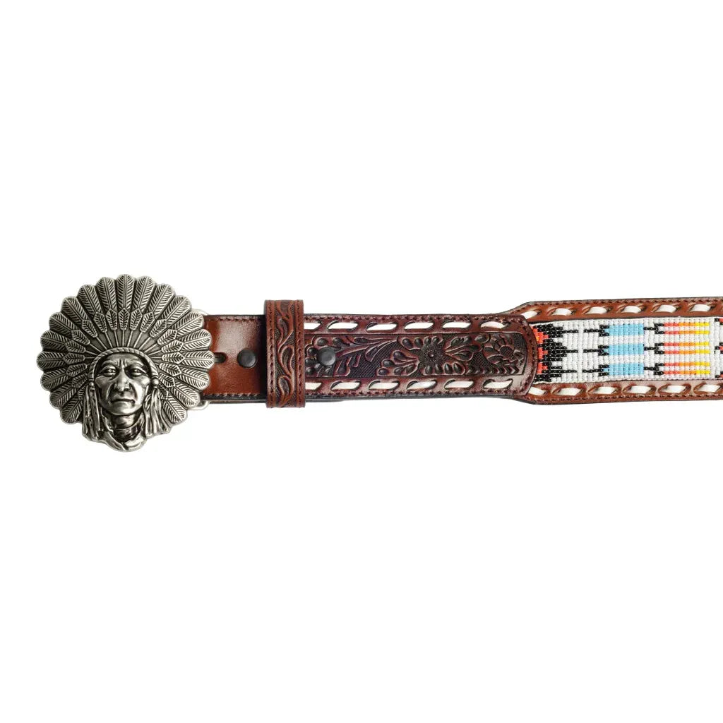 Women's Cowboy Chrome Indian Head Buckle With Buck Stitch and Rainbow Indian Beads 1895