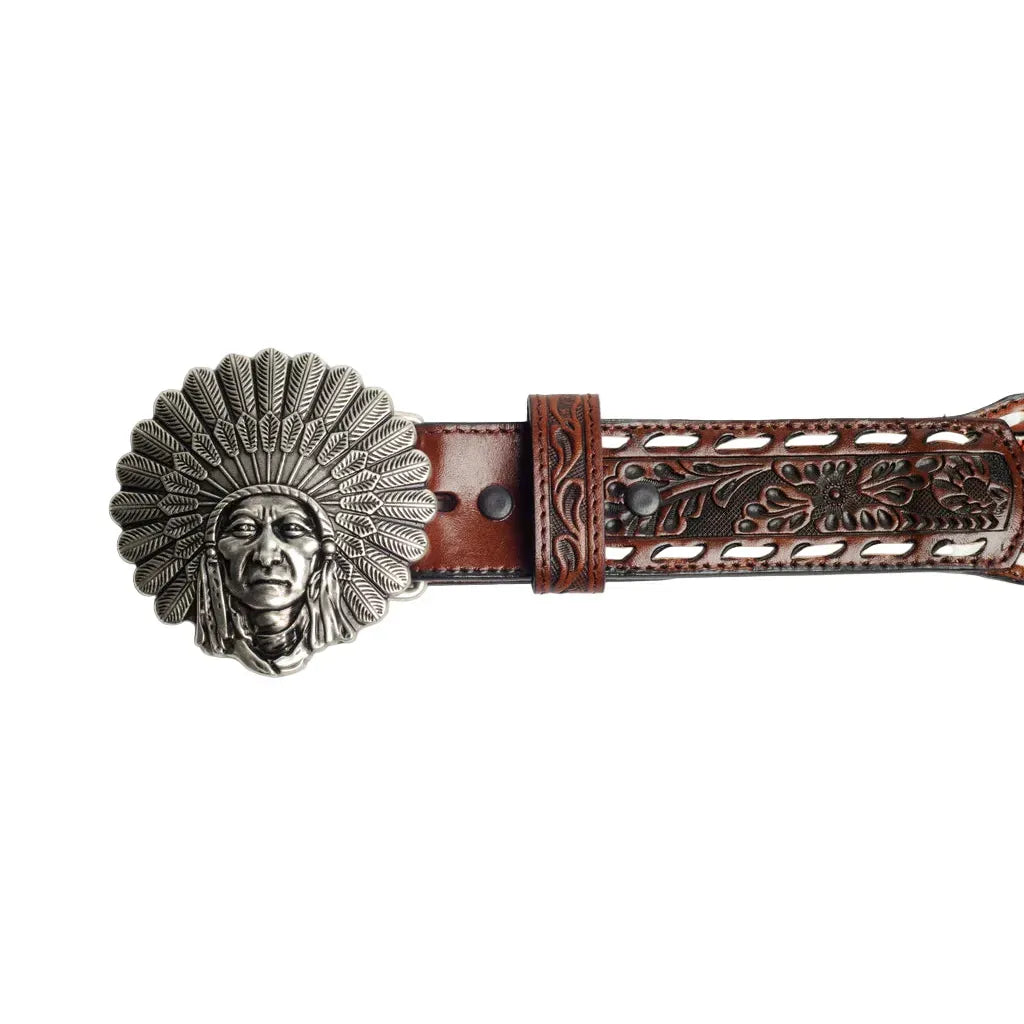 Women's Cowboy Chrome Indian Head Buckle With Buck Stitch and Rainbow Indian Beads 1895