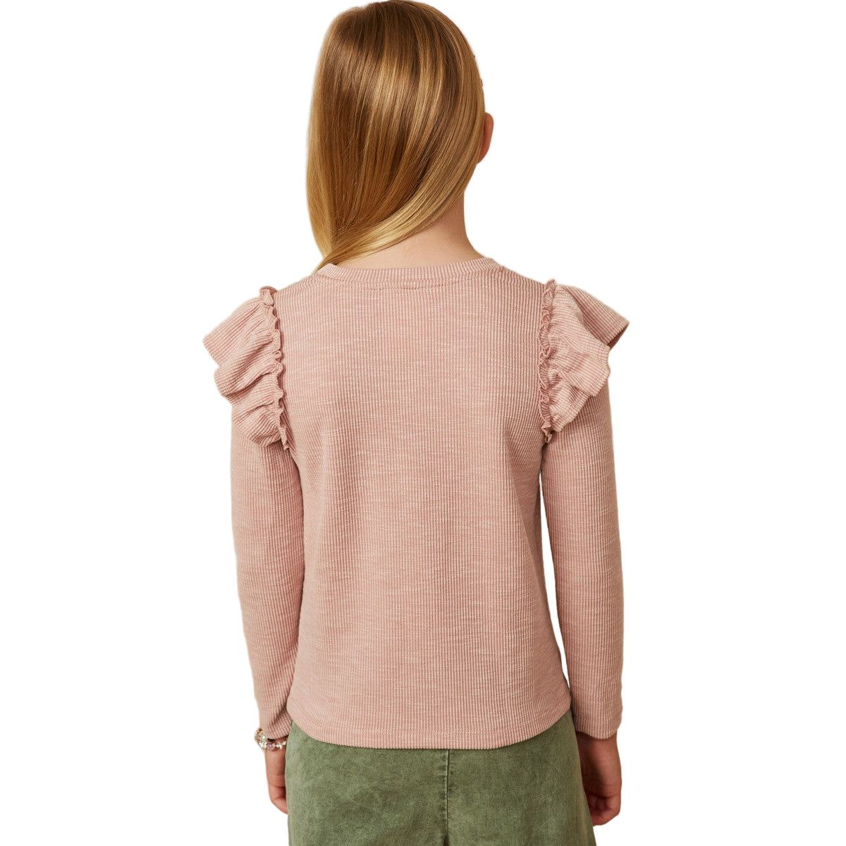 Girls Marled Textured Ruffle Scoop Neck Knit Top GY7616