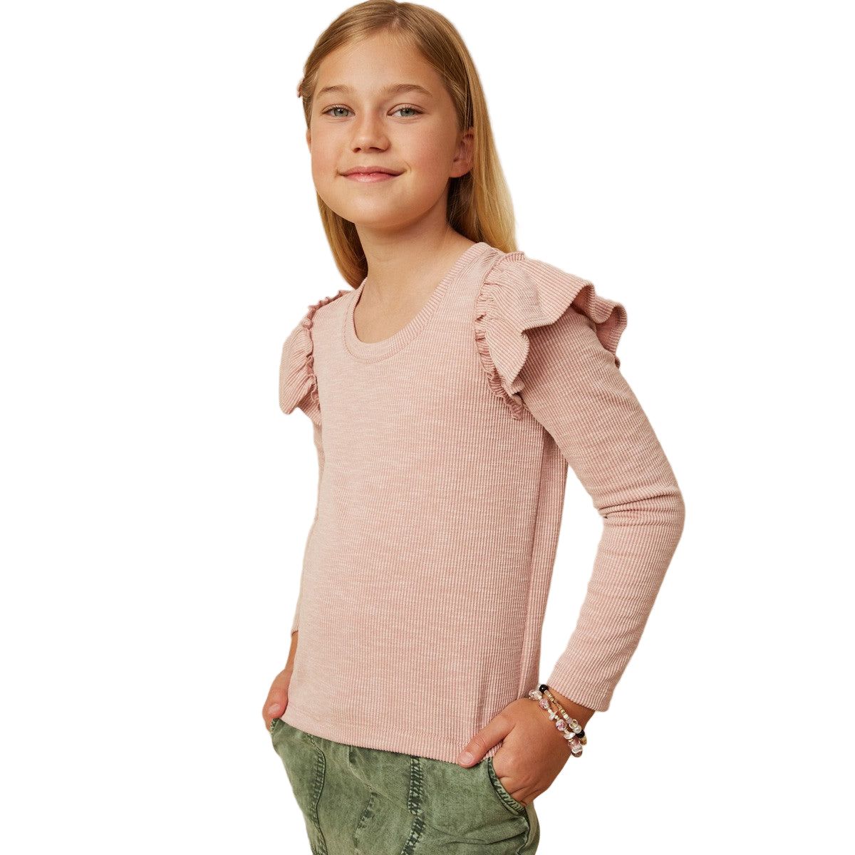 Girls Marled Textured Ruffle Scoop Neck Knit Top GY7616