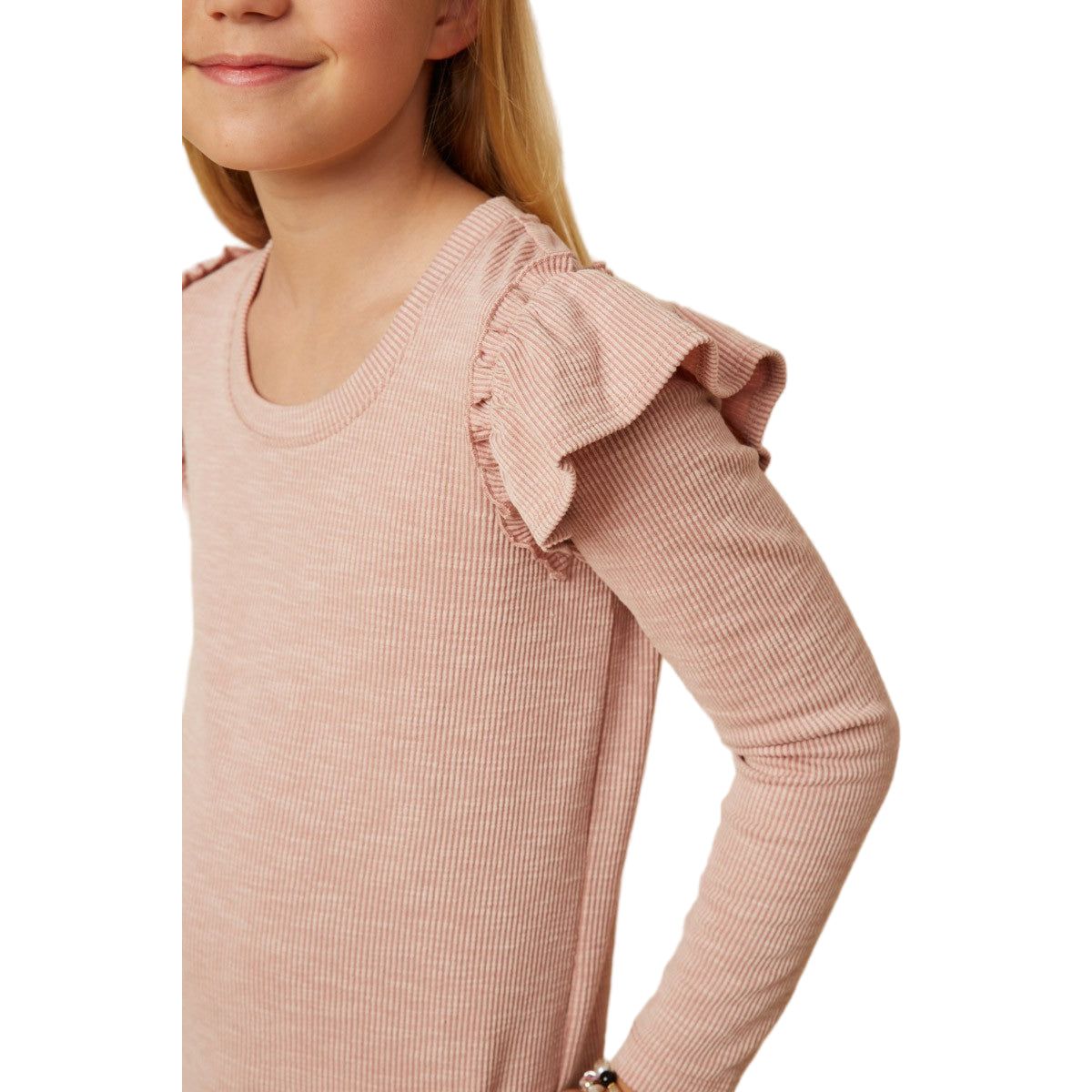 Girls Marled Textured Ruffle Scoop Neck Knit Top GY7616