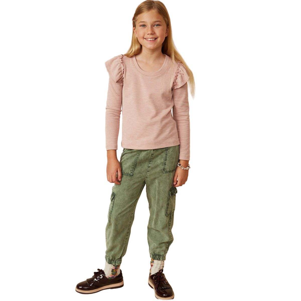 Girls Marled Textured Ruffle Scoop Neck Knit Top GY7616