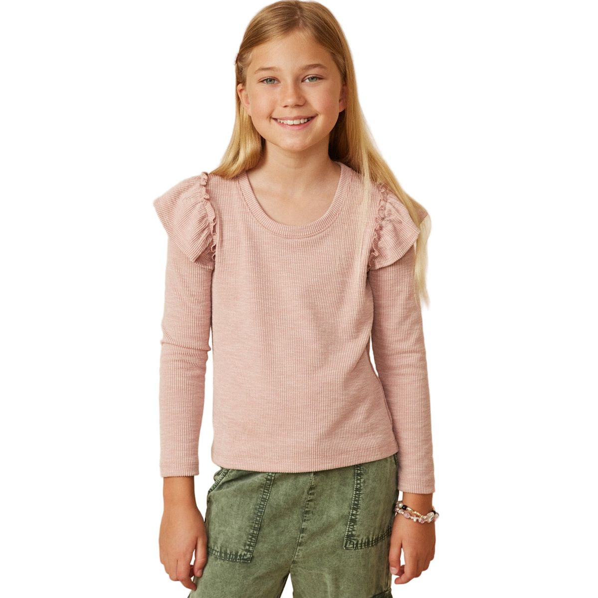 Girls Marled Textured Ruffle Scoop Neck Knit Top GY7616