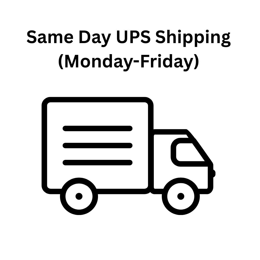 Icon of a delivery truck with text 'Same Day UPS Shipping (Monday-Friday)' on a white background