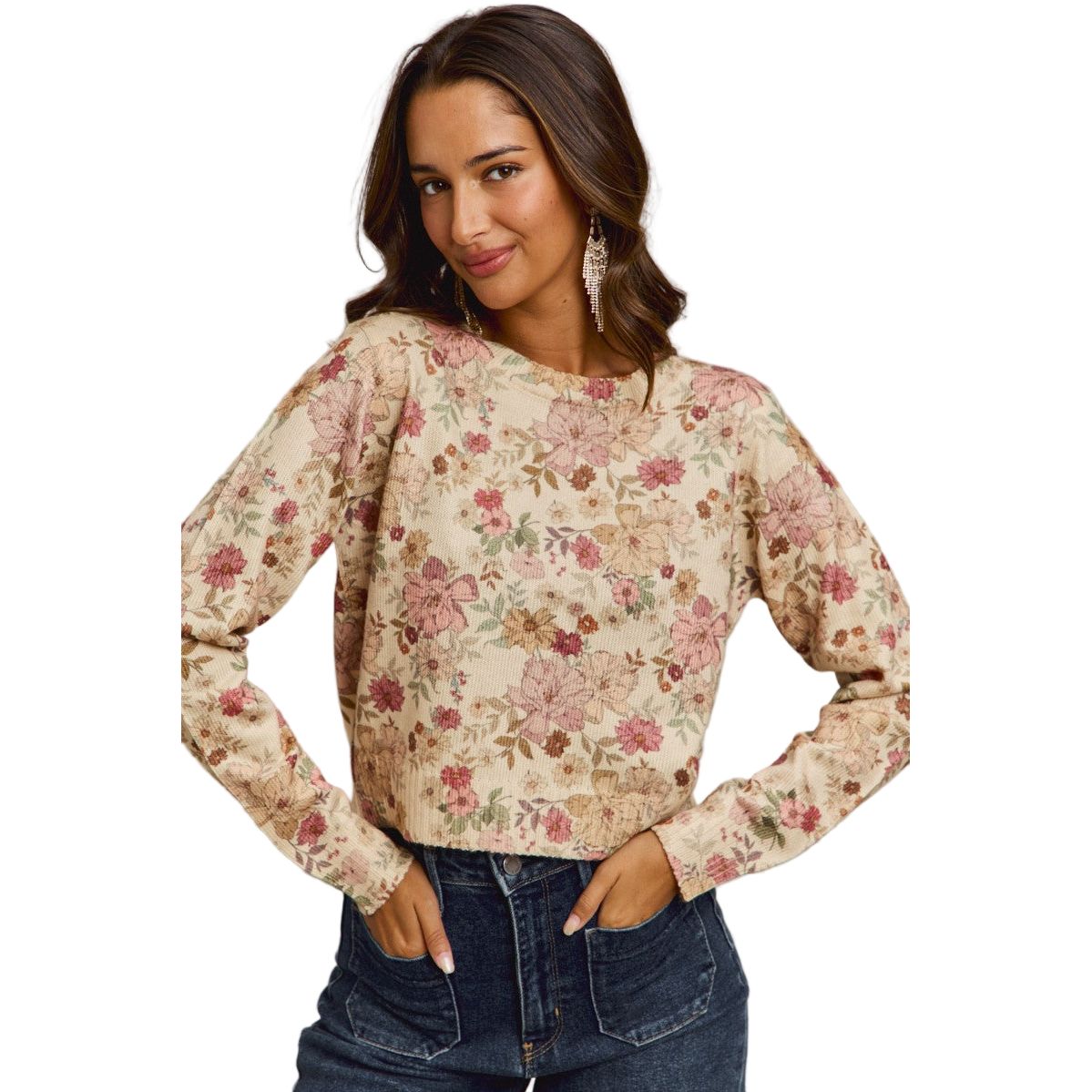 Women's Floral Crew Neck Long Sleeves Sweater Knit Top ST3677F-01