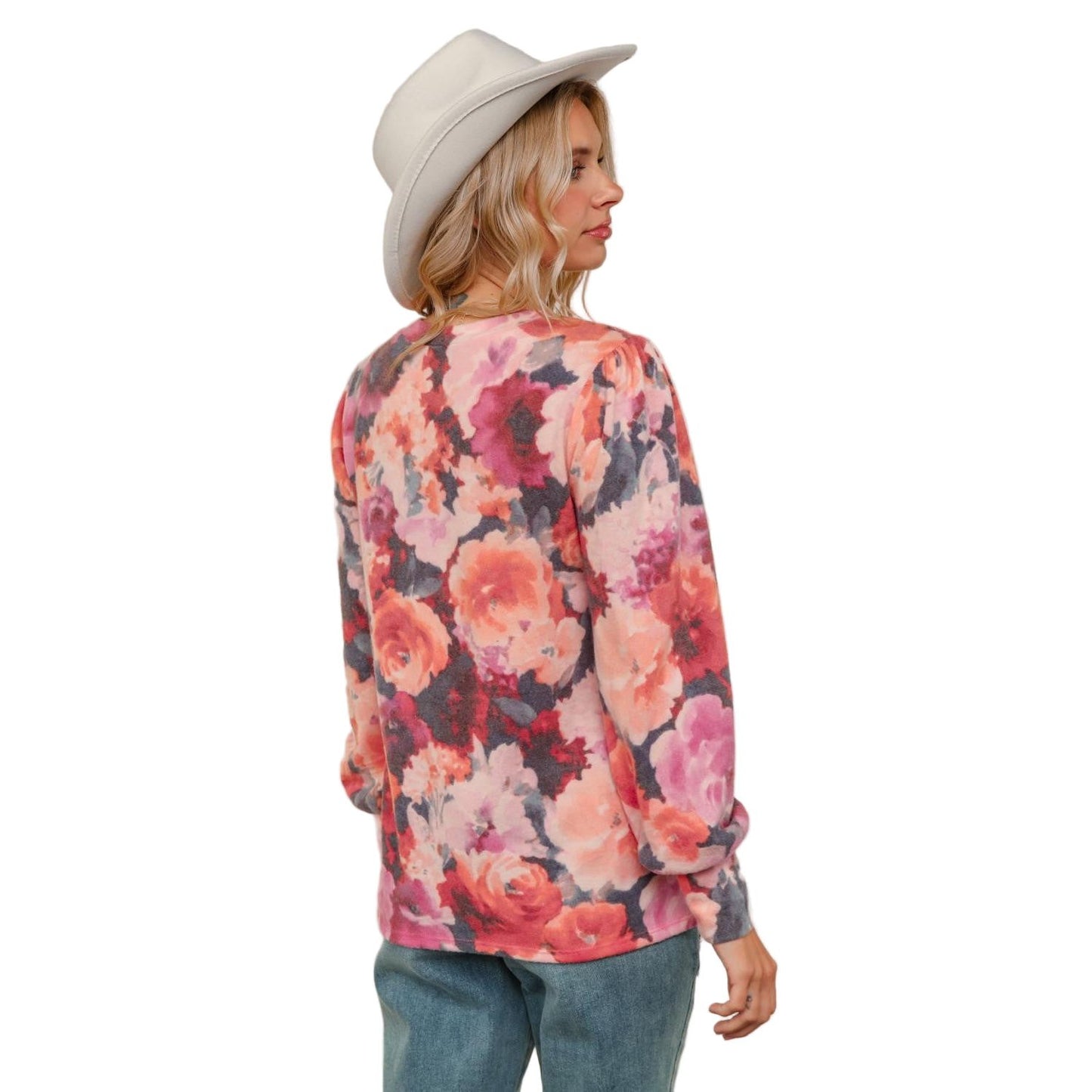 Women's Plus Round Neck Floral Brushed Hacci Knit Top HT4487DX