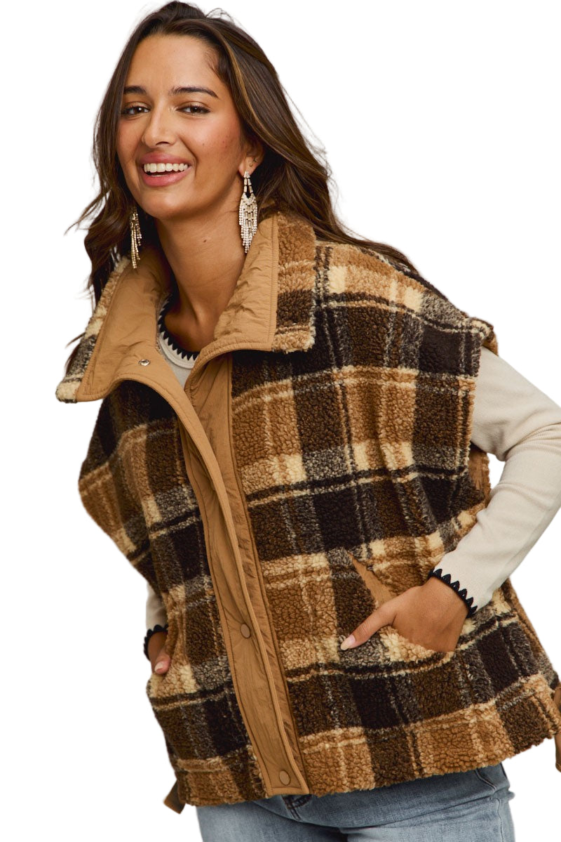 Women's Oversized Sherpa Fleece Checker Vest Jacket ST2049F
