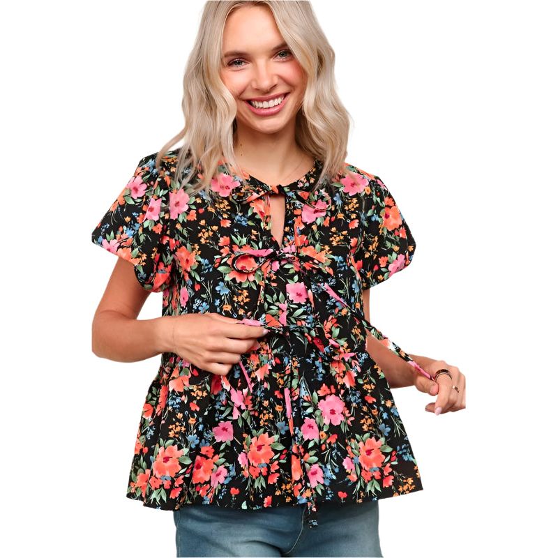 Women's Floral Woven Blouse With Front Ribbon Bow Tie HT4947M - Crazy House Western Wear