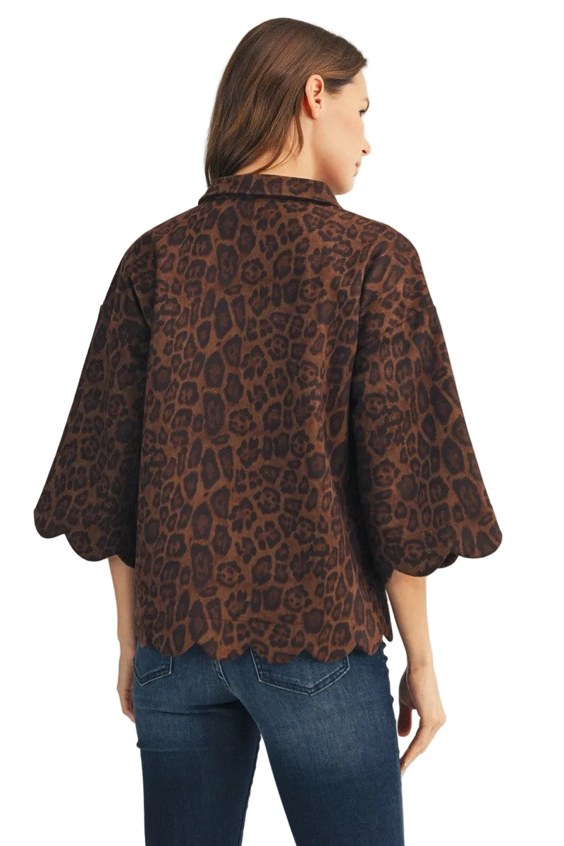 Jodifl Women's Leopard Scallop Edge Detail Leopard Suede Top