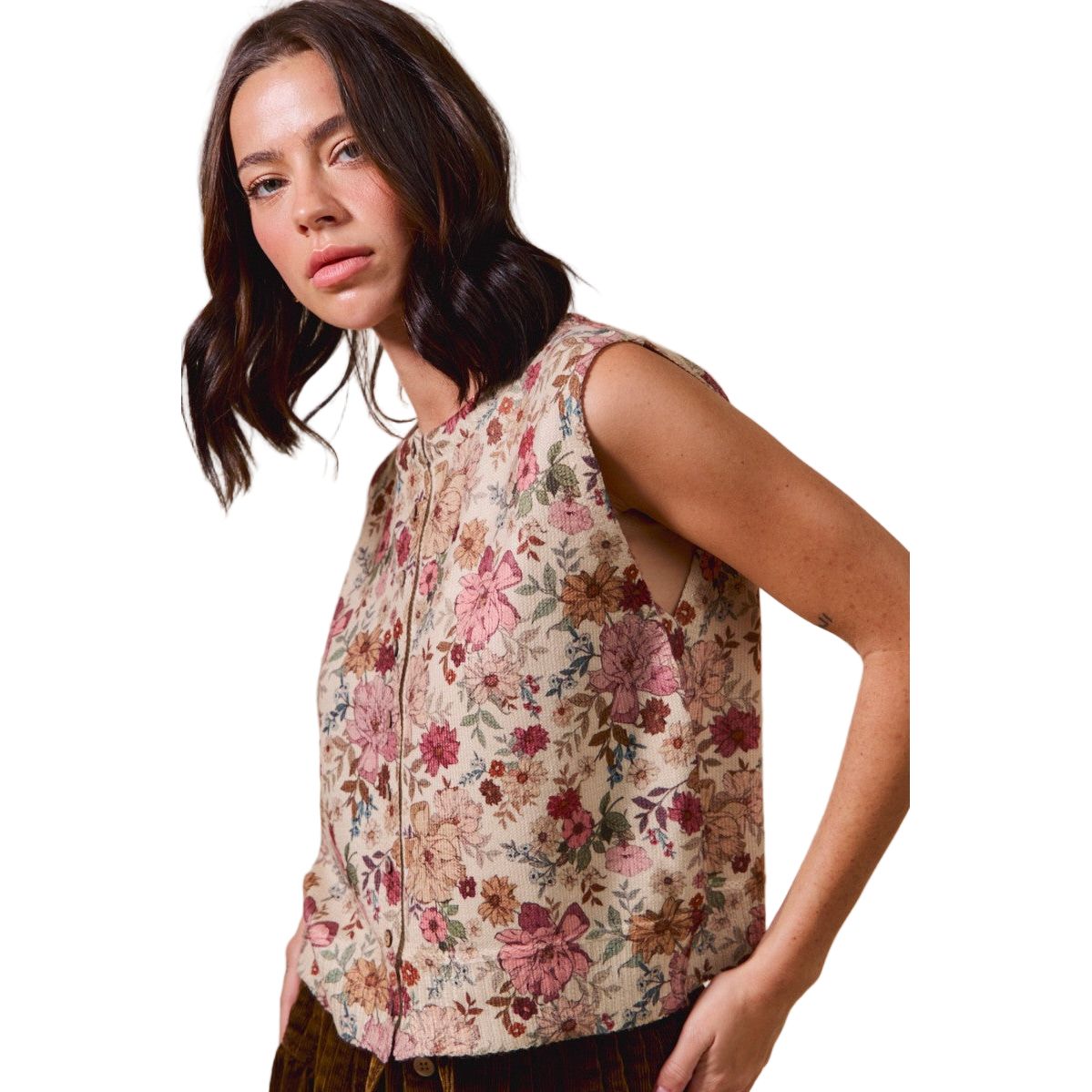 Women's Floral Print Button Sweater Vest