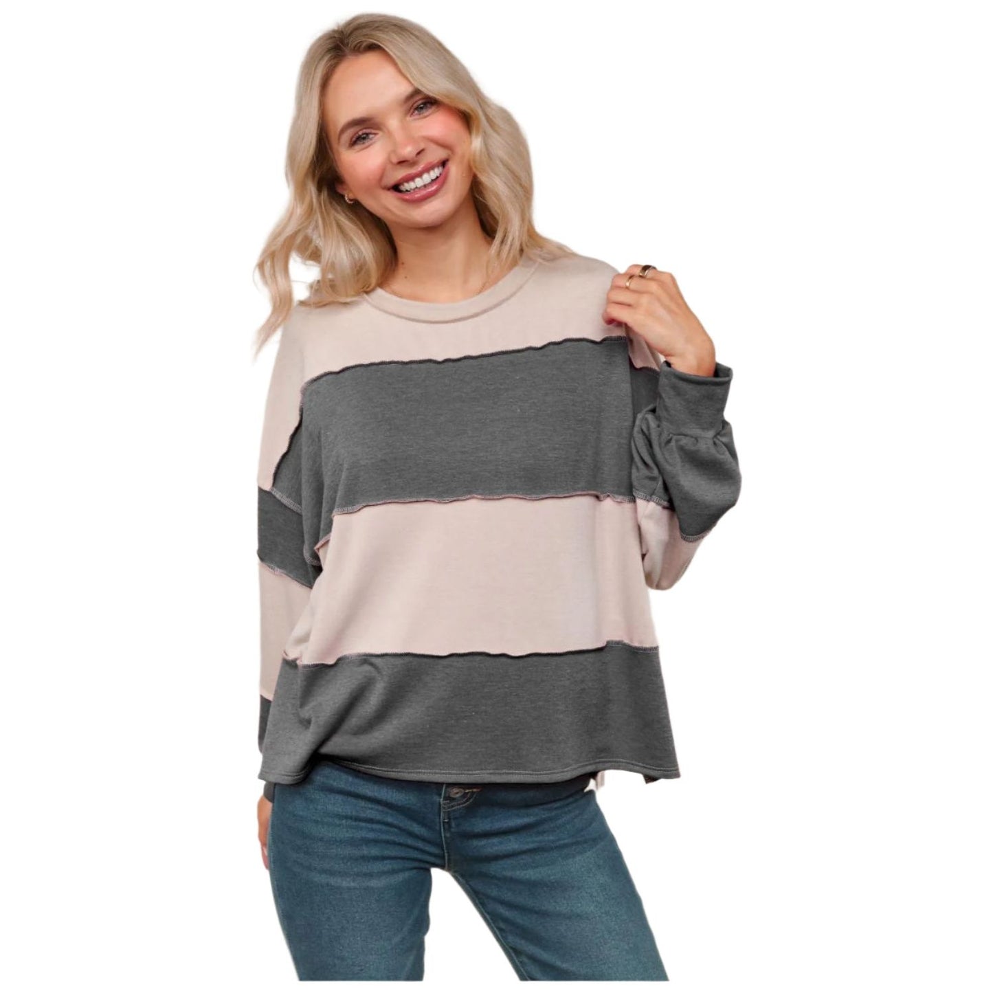 Women's Color Block Loose Fit Pullover Knit Top HT7165A - Crazy House Western Wear