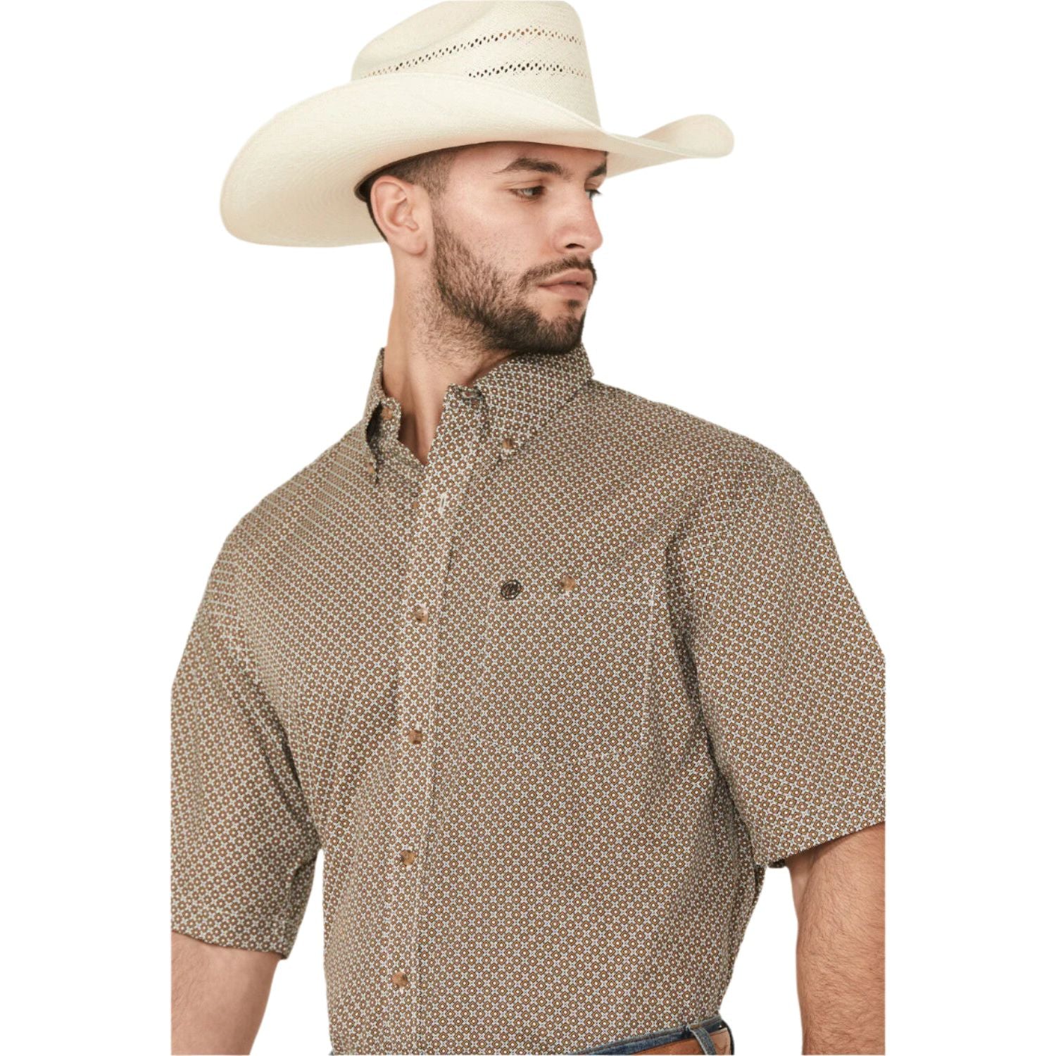 Men's Wrangler Geo Print Short Sleeve Button-Down Stretch Western Shirt 112366982 - Crazy House Western Wear