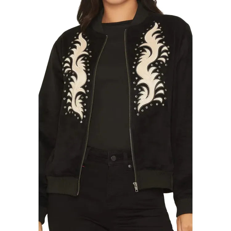 Women's Rock & Roll Denim Microsuede Studded Bomber Jacket BW92C07786