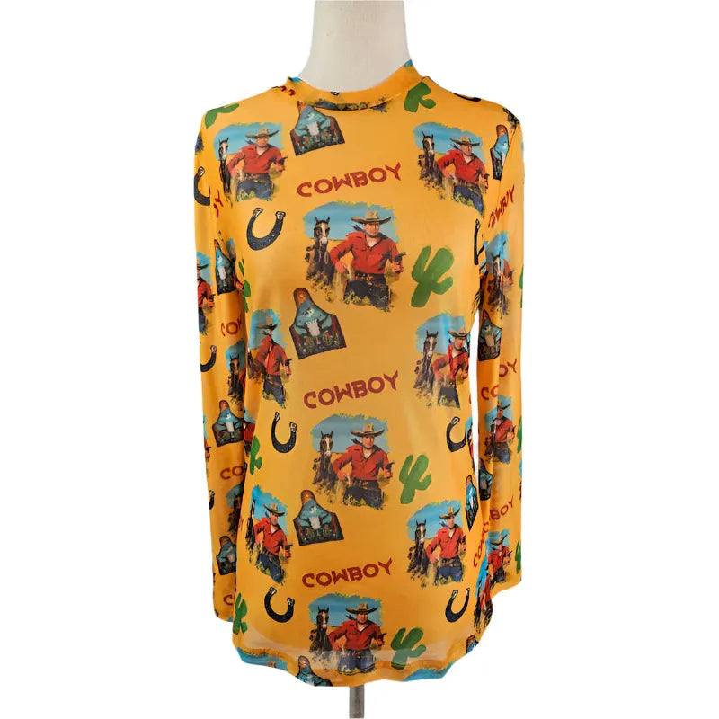 Women's Vintage Cowboy Mesh Top - Crazy House Western Wear