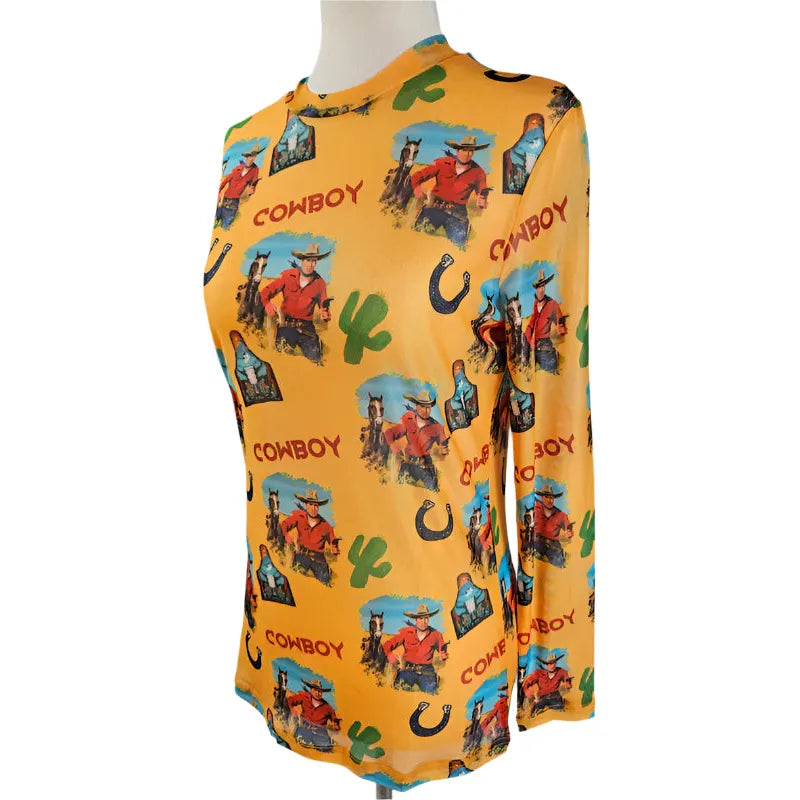 Women's Vintage Cowboy Mesh Top - Crazy House Western Wear