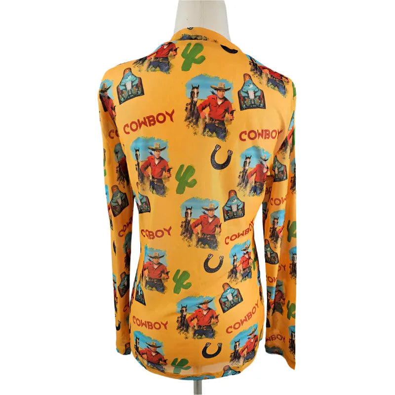 Women's Vintage Cowboy Mesh Top - Crazy House Western Wear