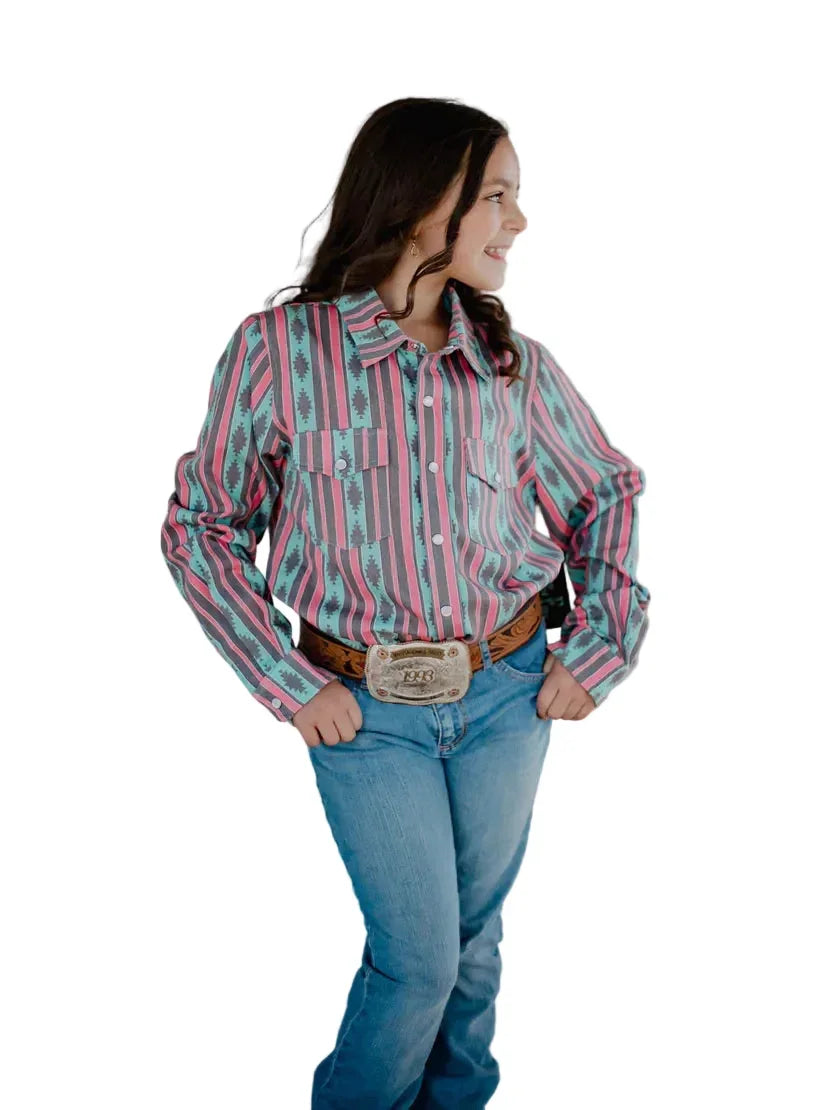 Girl's Twisted Filly Long Sleeve Pink Aztec Snap Shirt TF-1254Y-VPA