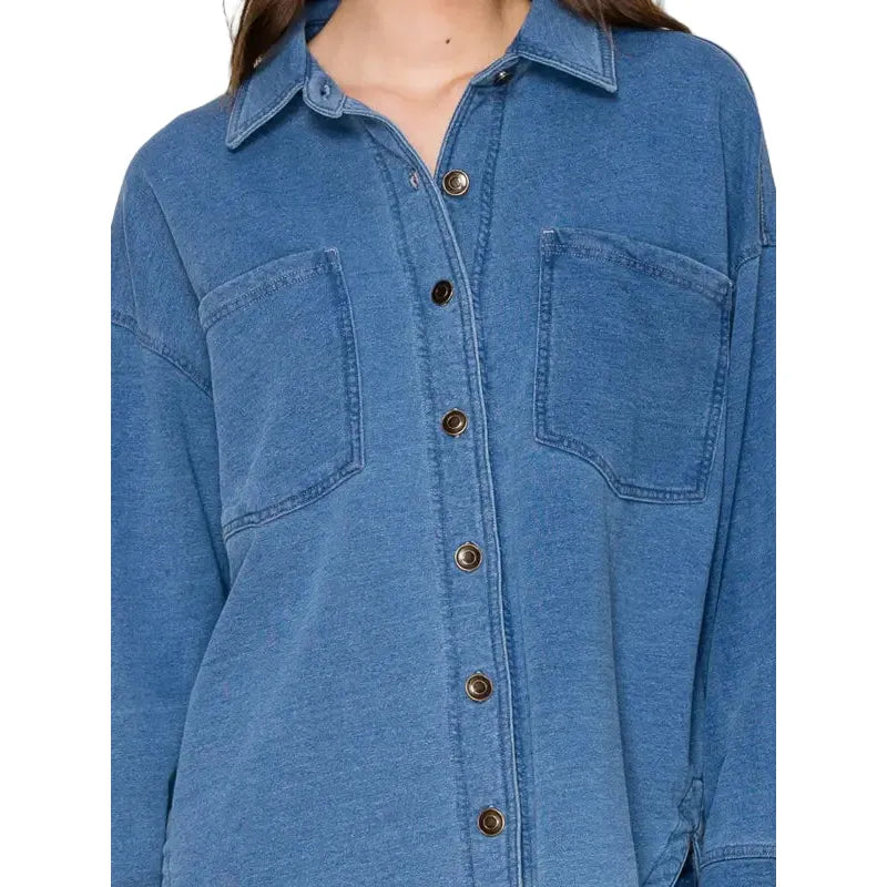 Women's Denim Collared Long Sleeve Button Top IJ-10035