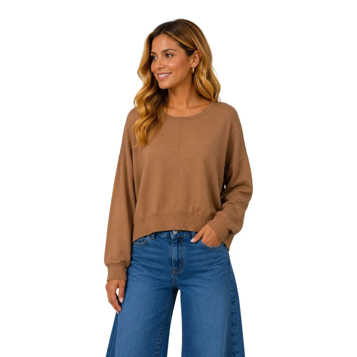 Women's Long Sleeve Seam Front Round Neck Pullover T4287-R