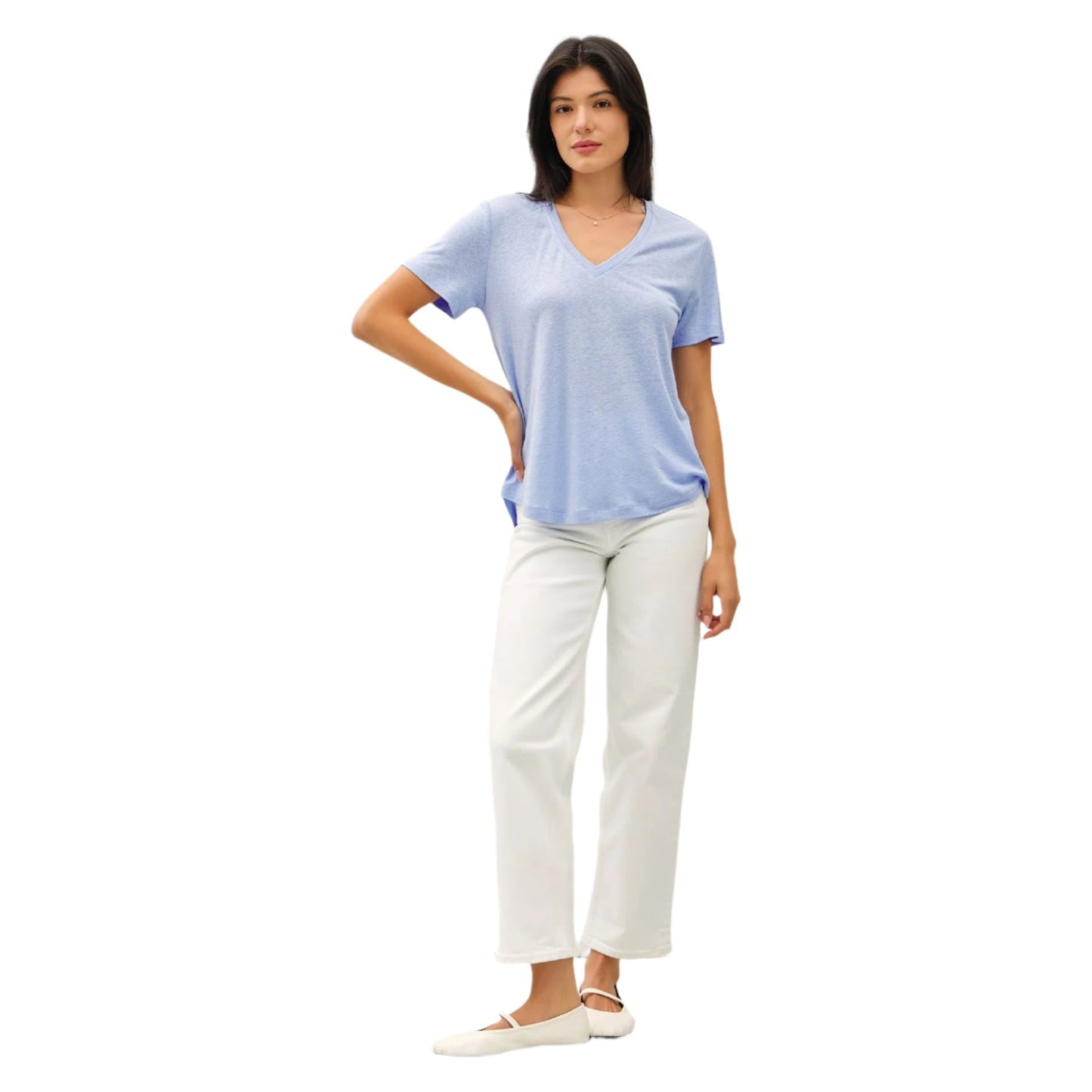 Women's Linen Basic V-Neck Short Sleeve T-shirt 19323 - Crazy House Western Wear