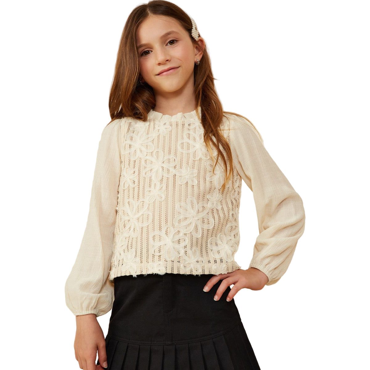 Girls Floral Embroidered Textured Puff Sleeve Top GY8724