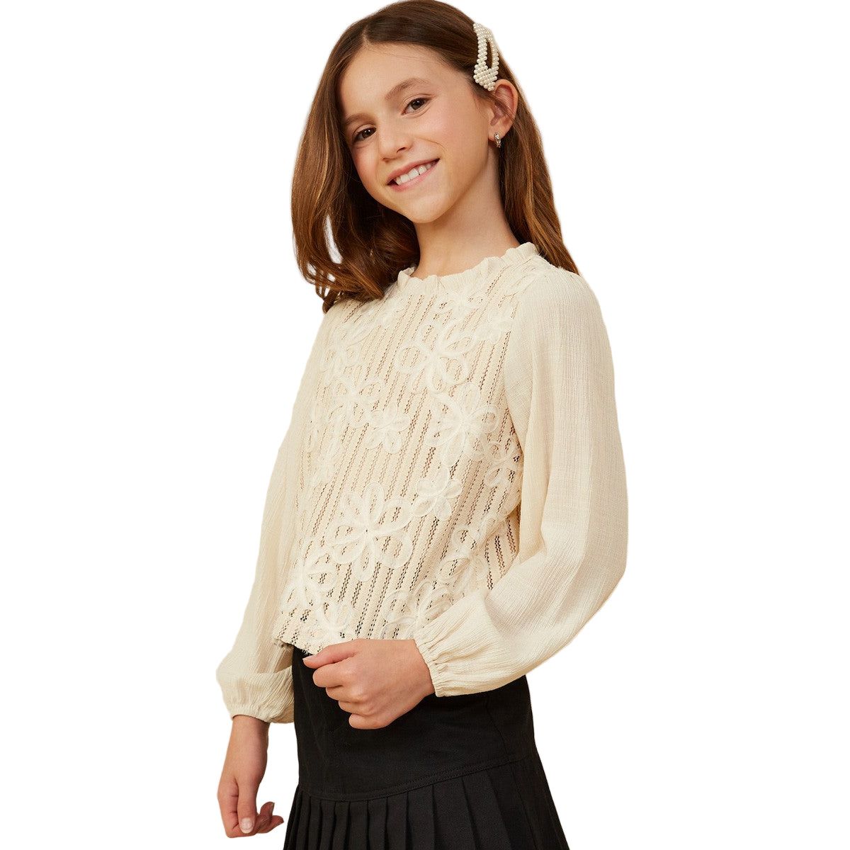 Girls Floral Embroidered Textured Puff Sleeve Top GY8724