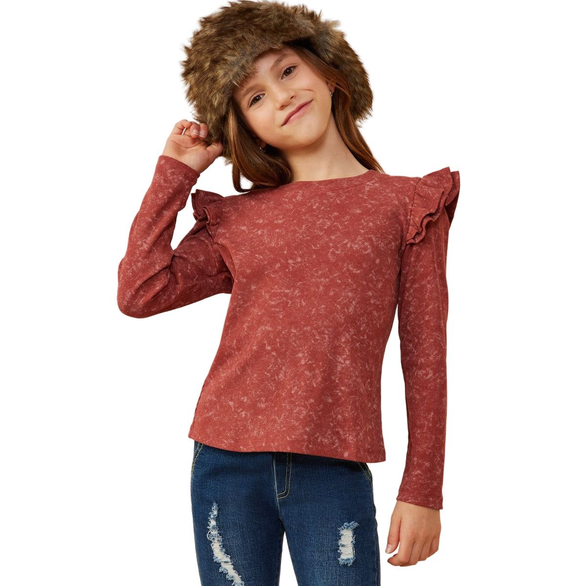 Girls Washed Ruffled Knit Top GY8826