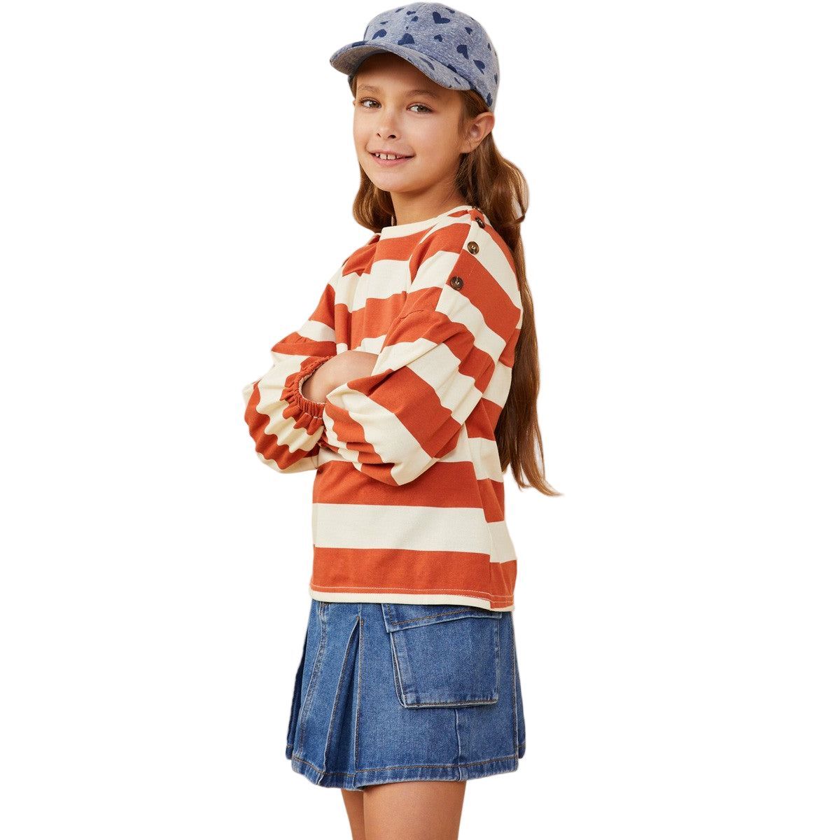 Girls Shoulder Button Detail Puff Sleeve Knit Top