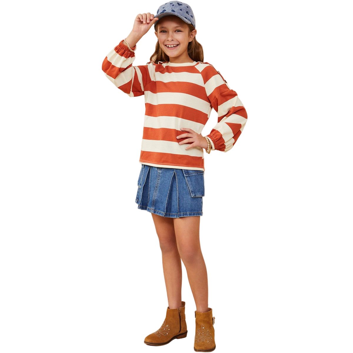 Girls Shoulder Button Detail Puff Sleeve Knit Top