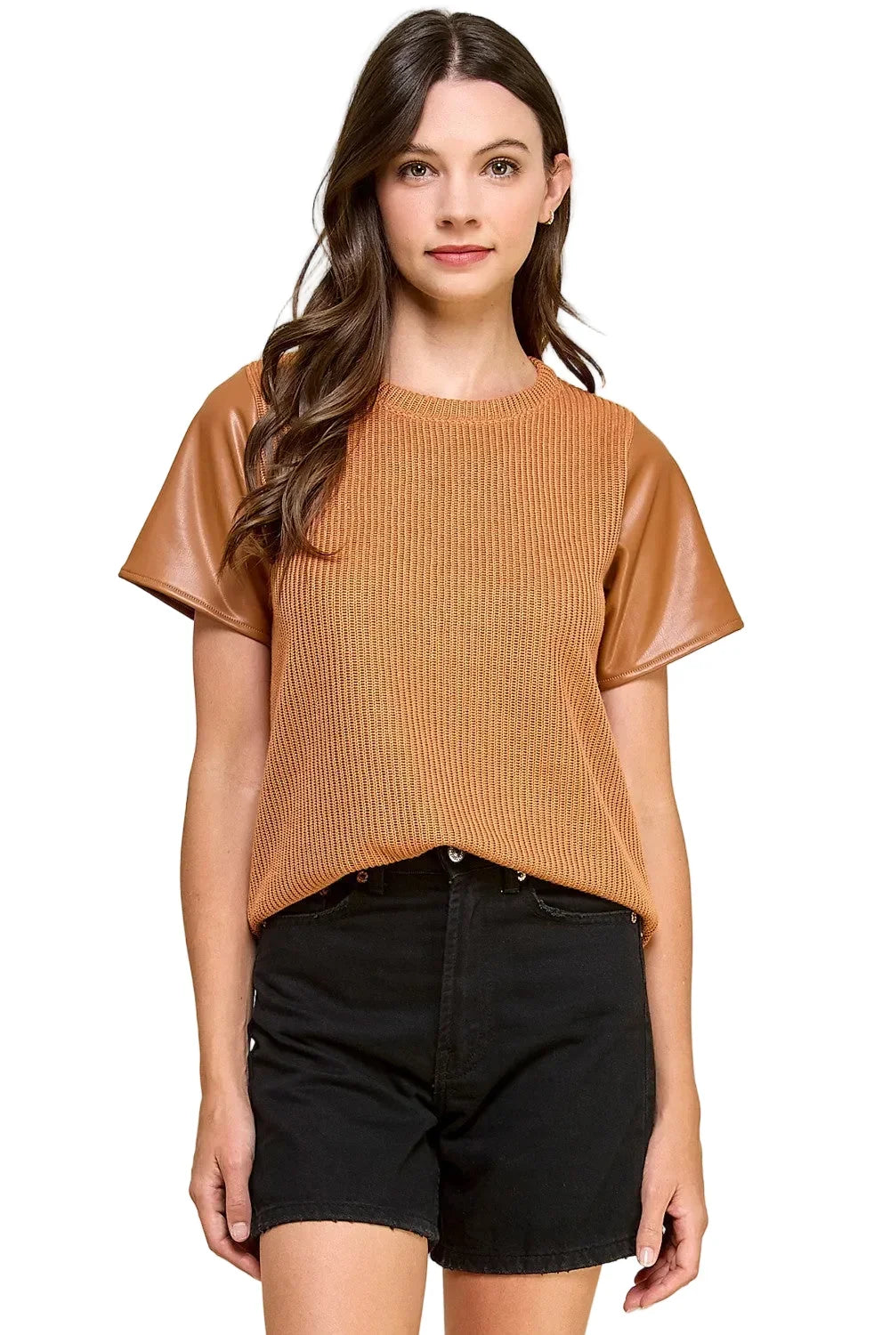Women's Knit Solid Top with Short Faux Leather Sleeves