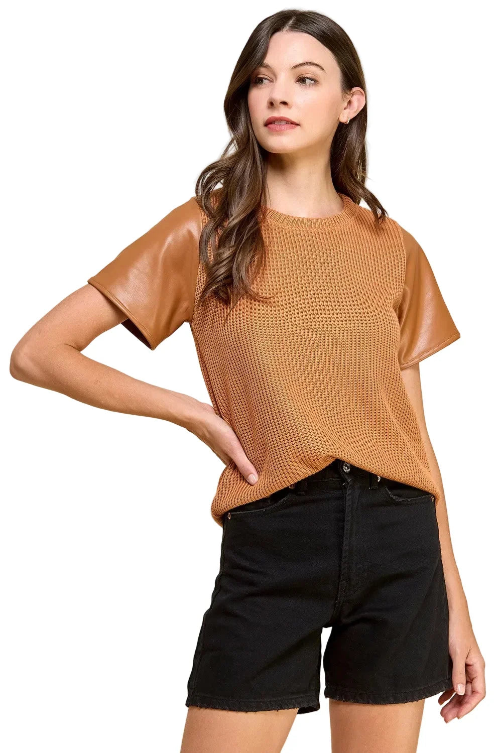 Women's Knit Solid Top with Short Faux Leather Sleeves
