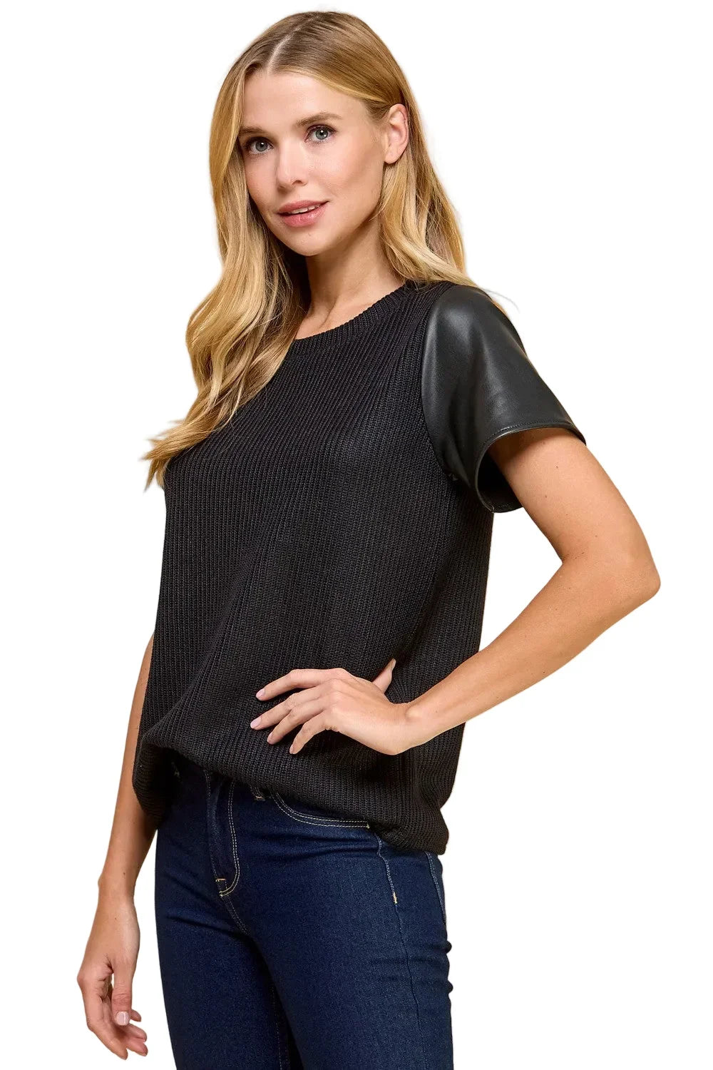 Women's Knit Solid Top with Short Faux Leather Sleeves