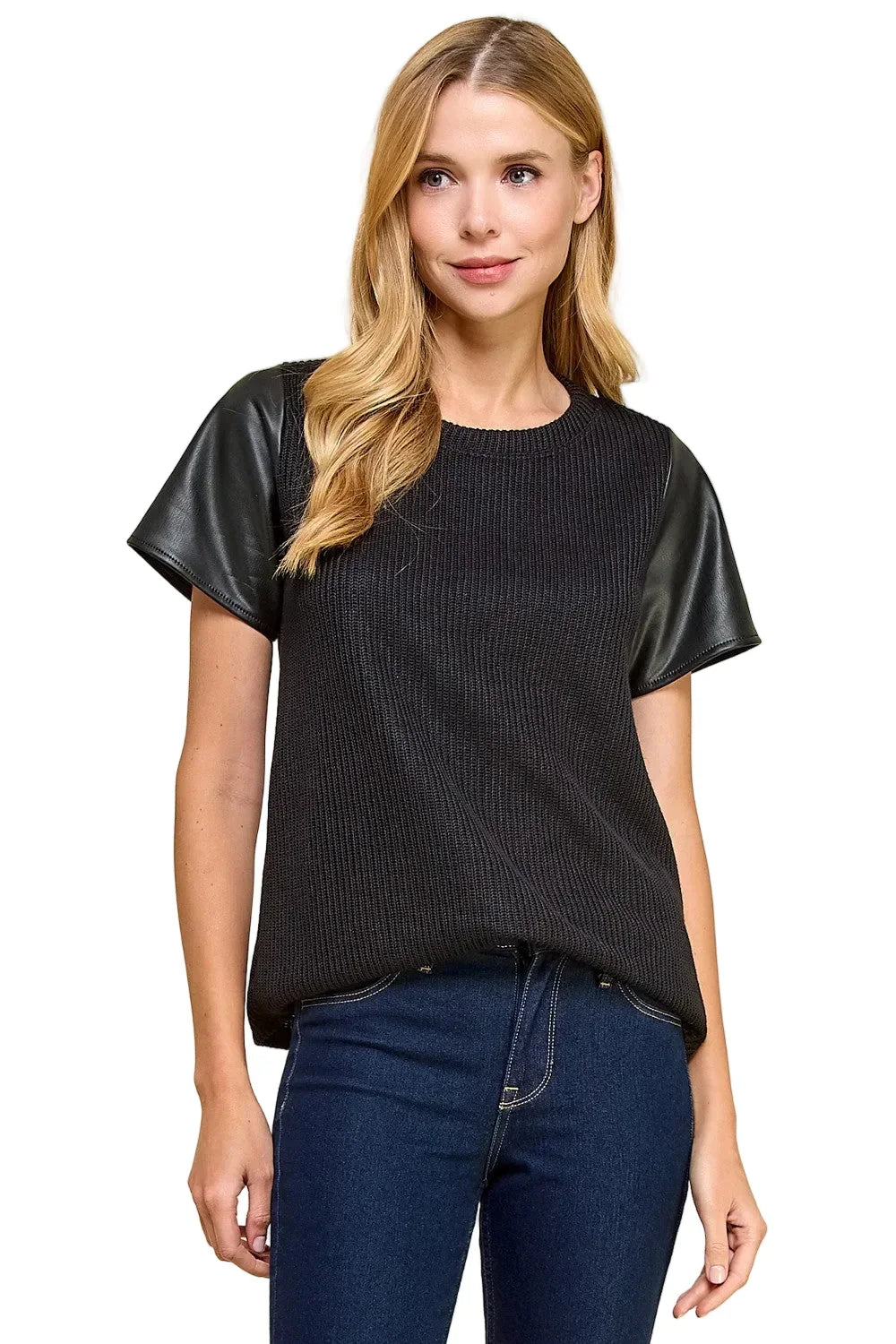 Women's Knit Solid Top with Short Faux Leather Sleeves